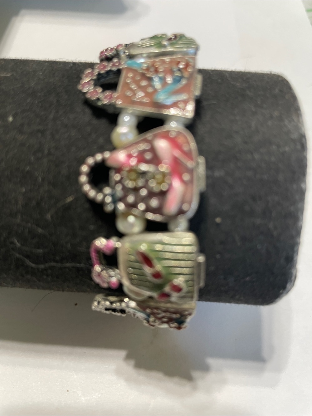 Charm - Enamel Purse Link Bracelet - Pink & Green
